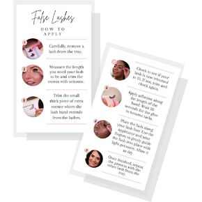 How To Apply False Lashes Card | 50 Pack | Physical Printed 2" x 3.5" inches Business Card Size | Eyelash Extension Supplies | White Card with Walkthrough Pictures
