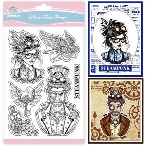 GLOBLELAND Vintage Steampunk Lady Gentleman Clear Stamps for Cards Making Mechanical Wing Key Clear Stamp Retro Gear Background Silicone Stamps for DIY Scrapbooking Photo Album Decor
