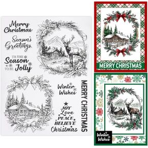GLOBLELAND Christmas Landscape Clear Silicone Stamps for DIY Card Making Reindeer Cabin Silicone Transparent Stamp Winter Clear Stamps for Scrapbooking Photo Album Journal Decoration 8.27x5.83inch