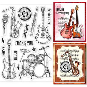 GLOBLELAND Musical Instruments Silicone Clear Stamps Saxophone Bass Guitar Music Transparent Stamp Seals for Card Making DIY Scrapbooking Journaling Decoration 11x16cm/4.3x6.3in