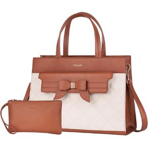MOSISO Laptop Tote Bag, 15.6 inch PU Leather Flapover Pocket Tote Bag & Clutch Purse, Work Bag with Bowknot for Women, Waterproof Computer Briefcase for Business Office, Brown