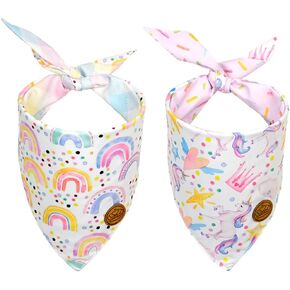 CROWNED BEAUTY Birthday Dog Bandanas Reversible Large 2 Pack, Unicorn Set, Plaid Adjustable Triangle Holiday Pink Purple Scarves for Medium Large Extra Large Dogs Girl Pets DB42-L