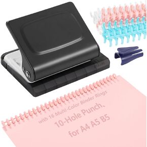 10-Hole Binding Machine Spiral Coil Binder, Spiral Binding Machine with 16 Multi-Color Binder Rings, 30 Holes on A4, 20 Holes on A5, 26 Holes on B5, 10 Sheets Capacity