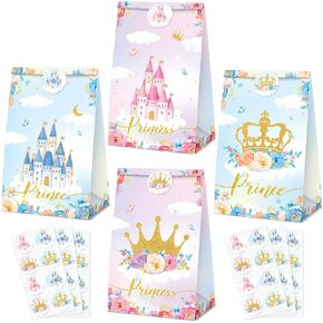 Nezyo 32 pcs Princess Prince Favor Bags Princess Crown Castle Party Bags include 4 Style Sticker Handles Candy Goodie for Gender Reveal Bridal Shower Wedding Supplies