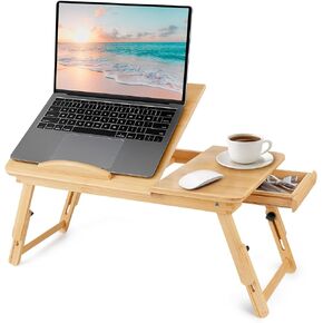 Bamboo Laptop Desk, Folding Adjustable Lap Tray Table with Drawer, Portable Lap Desk for Working, Reading, Breakfast on Sofa, Couch, or Floor