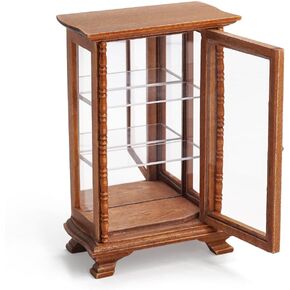 Odoria Dollhouse Display Cabinet Miniature: 1/12 Scale Mirrored Storage for Vintage Living Room - Mini Brown Curio Cabinets - Tiny Wood Furniture