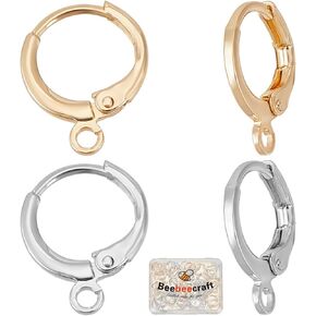 Beebeecraft 1 Box 60Pcs Round Leverback Earring Hooks 18K Gold & Platinum Plated Brass Small Huggie Earring Findings with Loop 15x2mm for Jewelry Making DIY