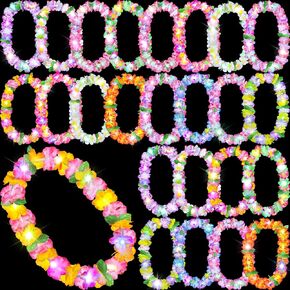 Sherr 48 Pcs LED Hawaiian Leis Luau Party Decorations Light Up Leis Bulk with Green Leaves Tropical Flower Necklaces for Wedding Beach Carnival Summer Birthday Supplies Party Favors