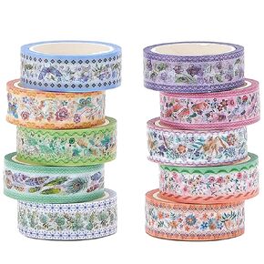 YUBBAEX 10 Rolls Embroidery Pattern Washi Tape Set - Decorative Adhesive Masking Tape for Scrapbooking, Journaling, DIY Crafts, Gift Wrapping – Vintage Floral and Nature Designs