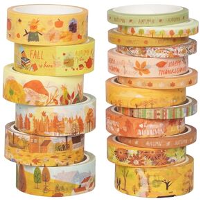 Autumn Washi Tape Set 18 Rolls Fall Printed Embellishment Yellow Decorative Masking Tapes for Arts, DIY Crafts, Journals, Planners, Scrapbook, Wrapping