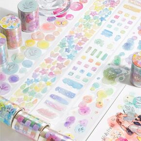 Dreamy Blending PET Tape Stickers Colorful Bubbles Dots Blocks Washi Tape for Journaling Supplies Fantastic Star Butterfly Transparent Decorative Tape PET Stickers Junk Journal Scrapbook Supplies
