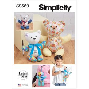 Simplicity S9569 R11459 Plush Memory Bears Sewing Pattern, multi