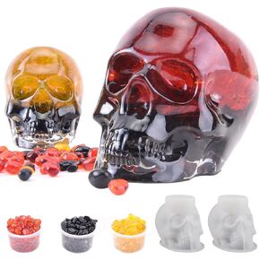 3D Skull Silicone Molds Set with 3 Color Crystal Gemstones - Flexible Crystal Molds for Resin Epoxy, Candle Wax, Soap & Clay, Halloween DIY Crafts, Home Decor (2Pack)