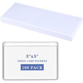 100pcs 3"x 5" Index Card Pockets with Top Open for Loading,Clear Adhesive Plastic Labels Holder for Organizing, Storage Bins, Library Card, Totes, Shelves
