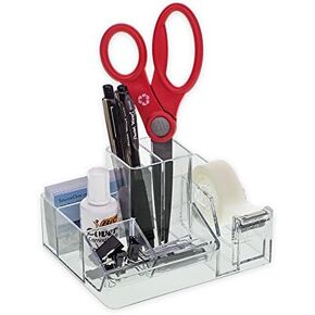 Source One Desk Top Clear Office Supplies Organizer with Tape Dispenser, Business Card Holder