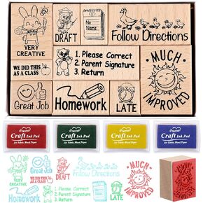 10 Styles Wooden Rubber Teacher Stamps for Grading Classroom Homework with 4 Colors Ink Pads Teacher Stamps Supplies for Sped General Education