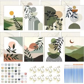 8 Pcs Sage Green Boho Paint by Numbers Kit for Adults Paint by Number on Wood Board Bohemian Wall Decor Abstract Wall Art with Pigment, Brush, Hook to Hang for Bedroom Bathroom Desktop Gift