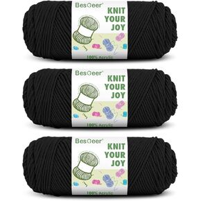 Besgeer Yarn for Crocheting, Knitting, Tufting, Craft, 3 Pack of 100g/3.5oz Crochet Yarn, 4 Medium (Worsted), 327 Yards - Acrylic (Black)