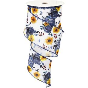 Fall Wired Edge Ribbon 2.5 Inch Blue Watercolor Autumn Pumpkin Sunflower Ribbon for Bow Wreath Craft Gift Wrap Farmhouse Harvest Thanksgiving Holiday Party Decor, 12 Yard