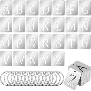 Highergo 26 Pcs A-Z English Letter Rectangle Key Tags Stainless Steel Alphabet Number Tags with Key Rings for Organized Coded Keybox Cabinet Plant Coding