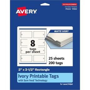 Avery Printable Rectangle Tags, Sure Feed Technology, 2" x 3-1/2", Matte Ivory Cardstock, Print-To-The-Edge, Laser/Inkjet Printable, 80 Total, Great for Custom Gift or Branding Tags