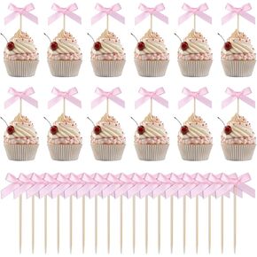 30pcs Pink Bow Cupcake Toppers, Bow Cupcake Picks Ribbon Bowknot Cake Decorations for Girls Birthday Baby Shower Coquette Theme Parties