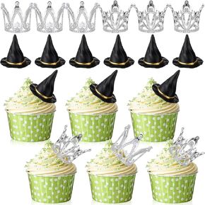 24 Pcs Witch Theme Party Cake Decoration Silver Crown Black Witch Hat Cake Topper Supplies for Movie Theme Party Princess Birthday Pink and Green Celebration Decoration (Classic)