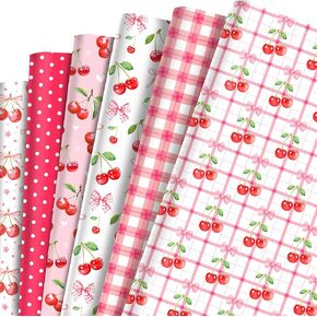 12-Sheet Cherry Wrapping Paper Set | 20x27 Inch Sweet Coquette Cherries, Green Leaves & Bow Gift Wrap | 6 Unique Designs for for Girls Kids Teens Baby Shower Women Bachelorette Birthday Party Favors