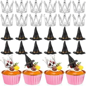 24 PCS Witch موضوع الحفلة الديكور الفضة التاج الأسود الساحرة قبعة الكعكة لوازم توبيبر لفيلم موضوع حفلة الأميرة in Kuwait