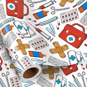 RUSPEPA Doctor Medical Wrapping Paper Roll for Kids, Mini Roll, Hand-Drawn First Aid Theme with Syringe, Pill, Bandage and Medical Kit Gift Wrap for Nurse Week, Doctor Party, 17 Inches x 16.4 Feet