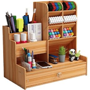 منظم مكتب خشبي ، حامل قلم DIY كبير السعة مع درج ، منظم القلم للمكتب ، منظمي مساحة العمل ، منظم ثابت متعدد الوظائف للمكاتب ، المنازل والمدرسة اللوازم المدرسية