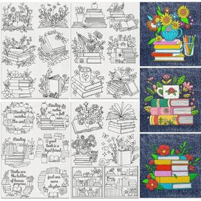 24Pcs Books Flower Water Soluble Hand Sewing Stabilizers, 8.3"x11.7" Books Plants Embroidery Pattern Stabilizer, 4 Sheets Bookshelf Leaf Stick and Stitch Embroidery Paper Sticker