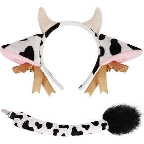 PHOGARY Cow Costume Accessories, Ears and Horns Headband with Tail for Animal Cosplay and Halloween