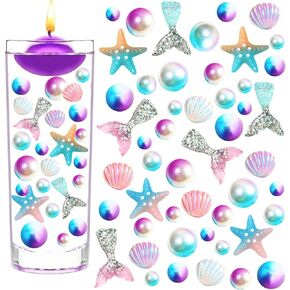 142 Pcs Mermaid Vase Filler, Acrylic Beach Shells Starfish Fish Tail Stelleroid Multicolor Pearl Bead for Party Table Centerpiece Beach Theme Home Decor