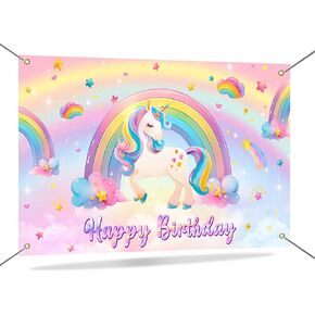 Mocsicka Unicorn Birthday Banner Backdrop Pastel Rainbow Unicorn Backdrop for Girls Birthday Decorations Party Supplies 70.8 x 43.3 Inch