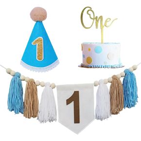 1st Birthday Decorations Girls boy High Chair Banner Baby Girl boy First Birthday Party Decorations with 1 Cake Topper and birthday hat For First Party Decor (Blue)