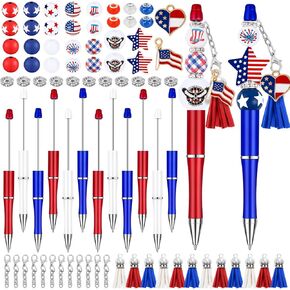 12 Set Independence Day Beadable Pens, 4th of July Patriotic Bead Pens with Assorted Wooden Beads Pendants for DIY Present Students Teens School Office Supplies