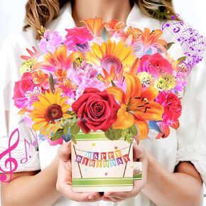 Birthday Cards, Happy Birthday Card for Women, 10Inch Life Sized Forever Sunflower Bouquet with Light and Music, 3D Popup Greeting Card for Women Wife Mom Daughter Sister