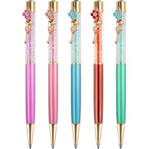Ballpoint Pens Set Crystal Diamond Metal Pen with Flowers for Journaling in Black Ink for Women Girls Galentine's Day Gifts Wedding Birthday School Office (Pink)