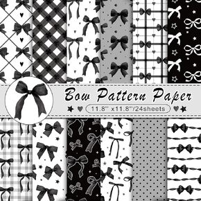 Konsait 24 Sheets Double Sided Bow Scrapbook Paper 12x12, Black Bow Decor Patterned Paper Bows Printed Cardstock Craft Papers Sheets Decorative Cardstock for Card Making Scrapbook Supplies