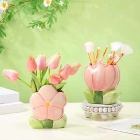 2 Pcs Pink Flower Shaped Ceramic Vase Cute Tulip Pencil Holder Aesthetic Flower Makeup Brush Pen Holder Decorative Desktop Organizer Birthday Gift for Women Office Home Wedding Party Decor