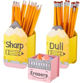 OMISTAR 3 PCS Sharp and Dull Pencil Holder for Classroom - Eraser Pencil Bucket Organizers, Wooden Pencil Shaped Pencil Holders, Pencil Dispensers for Teachers Classroom Management