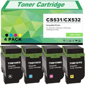 CS531 CX532 Toner Cartridge 75M10K0 75M10C0 75M10M0 75M10Y0 Replacement for Lexmark CS531dw, CS632dwe, CX532adwe, CX635adwe Printer（4 Pack, with Chip）