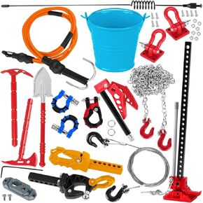 RC Crawler Car Metal Decoration Upgrades Part for 1/10 Trx4 Trx6 SCX10 GEN 7/GEN 8,RC Trailer Chain/Tow Shackle/Receiver/Hook Coupler/Elastic Force Rope/Shovel/Axe/Antennas Set,Black