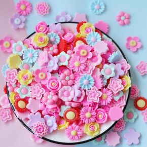 LOPURO Flower Flatback Beads Charms, 50pcs Mix Resin Daisy Flower Flatback Charms for Phone Case Ornament Scrapbooking Embellishments Crafts Making Hair Clip Headband DIY Craft Jewelry