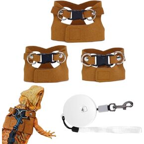 3 Pack Bearded Dragon Leash and Harness Set, Retractable 9.8FT Leash with 3 Sizes Adjustable Soft Harness for Reptile Small Animals, Cute Lizard Vest Clothes for Reptile Lovers-Dark Coffee