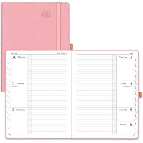 POPRUN Planner 2025-2026 (Large 8.5''x 10.5''), Horizontal Weekly Notebook Jul.2025 - Jun.2026, Academic Appointment Book with Monthly Tabs, Leather Hardcover, Inner Pocket, 100 GSM - Soft Pink