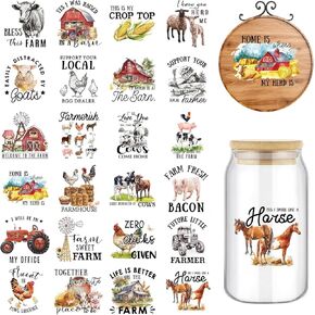 24 Sheets Farmhouse Rub on Transfer for Crafts Farm Animal Truck Words Rub on Transfer Stickers Vintage Furniture Decals for Home Party DIY Crafts, 3 x 3 Inch