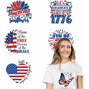 6 Sheets 4th of July Iron on Transfers,Independence Day Iron on Patches with American Flag Love Heart Flowers Design | Heat Transfer Vinyl Stickers for Clothes Bag Pillow in Kuwait