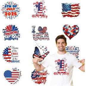 6 Sheets 4th of July Iron on Transfers,Independence Day Iron on Patches with American Flag Love Heart Flowers Design | Heat Transfer Vinyl Stickers for Clothes Bag Pillow